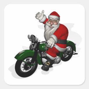 Adesivo Quadrado Papai Noel engraçado em uma moto verde vintage