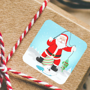 Adesivo Quadrado Papai Noel Engraçado Pescando no Gelo com Urso Pol