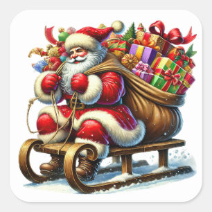 Adesivo Quadrado Papai Noel entregando presentes em uma neve