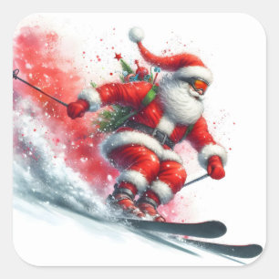 Adesivo Quadrado Papai Noel esquiando em uma montanha nevada
