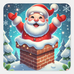 Adesivo Quadrado Papai Noel Festivo Emergindo da Chaminé