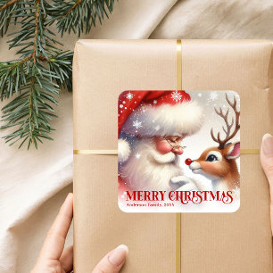 Adesivo Quadrado Papai Noel Festivo Rudolph Presente Personalizado