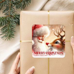Adesivo Quadrado Papai Noel Fofo e Rúdolfo Personalizados para Cria