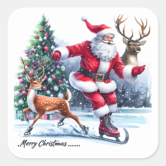 Adesivo Quadrado Papai Noel gosta de patinar gelo com uma rena (Frente)