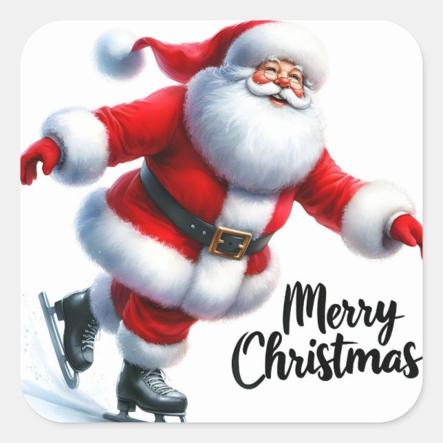 Adesivo Quadrado Papai Noel gosta de patinar gelo durante as festas (Frente)