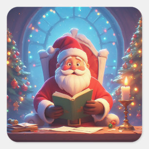 Adesivo Quadrado Papai Noel Lendo um Livro à Luz de Vela