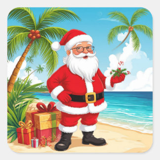 Adesivo Quadrado Papai Noel na Praia Ensolarada com Presentes de Na