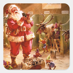 Adesivo Quadrado Papai noel no celeiro da rena