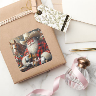 Adesivo Quadrado Papai Noel no Natal do Cowboy