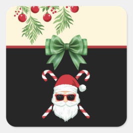 Adesivo Quadrado Papai Noel Personalizado com Bengalas de Cruz Nata