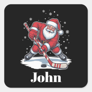 Adesivo Quadrado Papai Noel Personalizado de Hóquei no Gelo Natal E