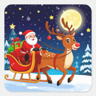 Adesivo Quadrado Papai Noel pilotando trenó com rena sob a lua chei