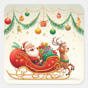 Adesivo Quadrado Papai Noel pilotando trenó com uma rena