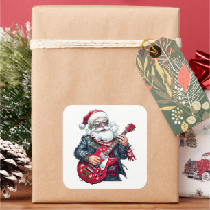 Adesivo Quadrado Papai Noel Rocker Legal Tocando Guitarra Vermelha