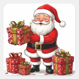 Adesivo Quadrado Papai Noel Rodeado por Presentes de Natal