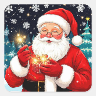 Adesivo Quadrado Papai Noel segurando presente de Natal em uma noit