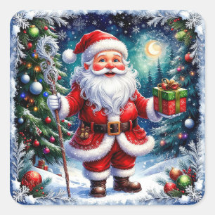 Adesivo Quadrado Papai Noel segurando um presente em um Natal mágic