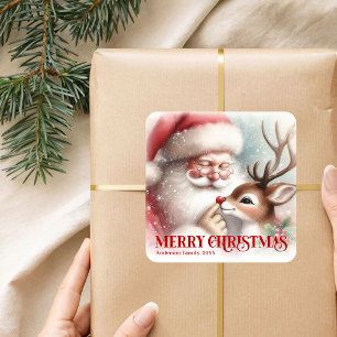 Adesivo Quadrado Papai Noel Sorridente Rudolph Personalizado Férias