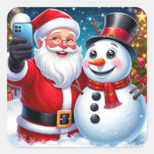 Adesivo Quadrado Papai Noel tirando selfie de Natal com boneco de n
