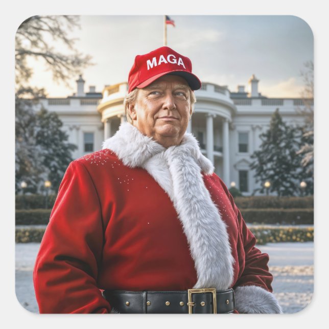 Adesivo Quadrado Papai Noel Trump Com MAGA Hat (Frente)