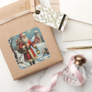 Adesivo Quadrado Papai Noel Vintage na Trilha da Fazenda Nevada