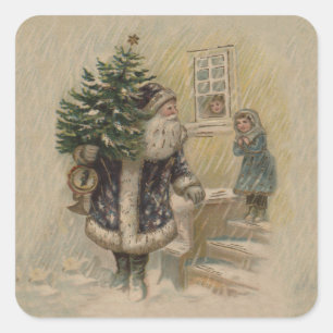 Adesivo Quadrado Papai Noel Vintage Neve Árvore de Natal