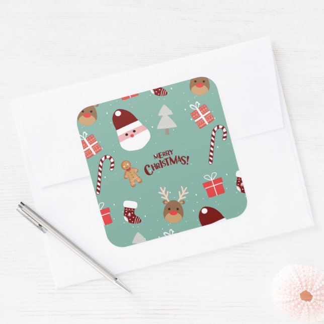 Adesivo Quadrado Papais noeis Bonitos Reindeer Candy Cane Gingerpão (Envelope)