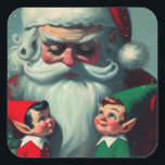 Adesivo Quadrado Papais noeis com Elves Retro Christmas Vintage<br><div class="desc">Aqui está um adesivo bonito com Papais noeis olhando carinhosamente para dois de seus duendes! Esta ilustração pintada tem uma sensação retrógrada ou vintage definitiva e faz um adesivo que é uma adição adorável a um presente de Natal ou a um cartão de Natal. Dar como presente a alguém que...</div>