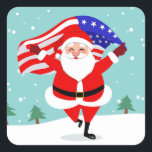 Adesivo Quadrado Papais noeis correndo com bandeira americana<br><div class="desc">christmas santa claus man,  liberty state patriot country,  patriótico dia 4 de julho,  patriotismo independência america,  united eua flag america,  cartoon art cheerful inverno,  barba engraçada sorrindo chapéu,  fofo celebração vermelha de xmas,  ilustração feliz feliz,  man christmas santa claus, </div>