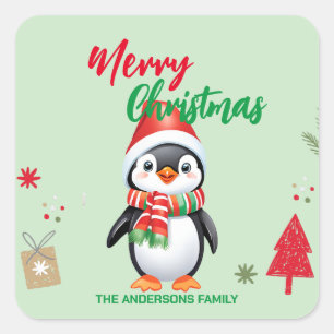 Adesivo Quadrado Papais noeis de pinguins de Natal bonitos feriados