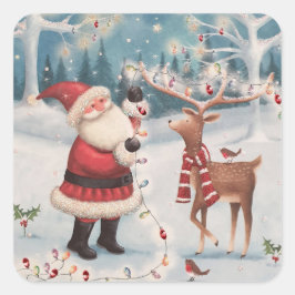 Adesivo Quadrado Papais noeis e Cena de Neve de Natal Rudolph