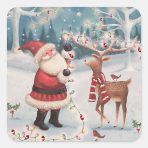 Adesivo Quadrado Papais noeis e Cena de Neve de Natal Rudolph
