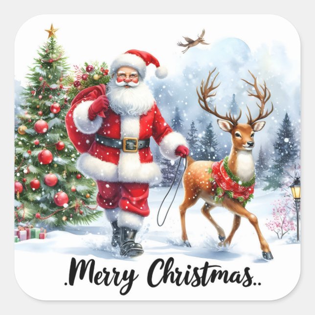 Adesivo Quadrado Papais noeis e Reindeer na neve (Frente)