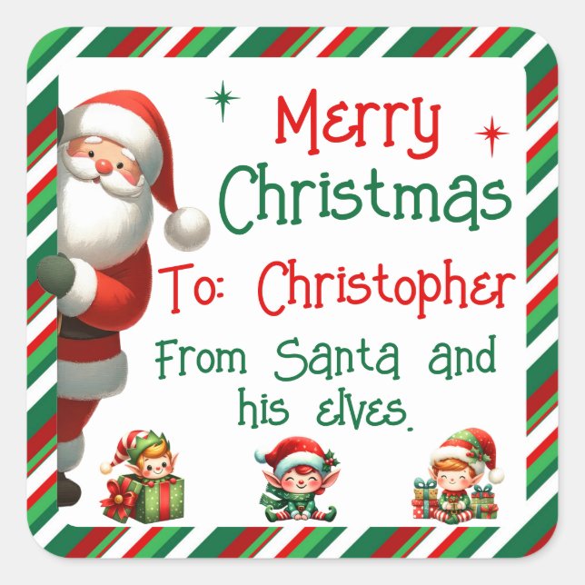 Adesivo Quadrado Papais noeis e seus elfos para presentes infantis (Frente)