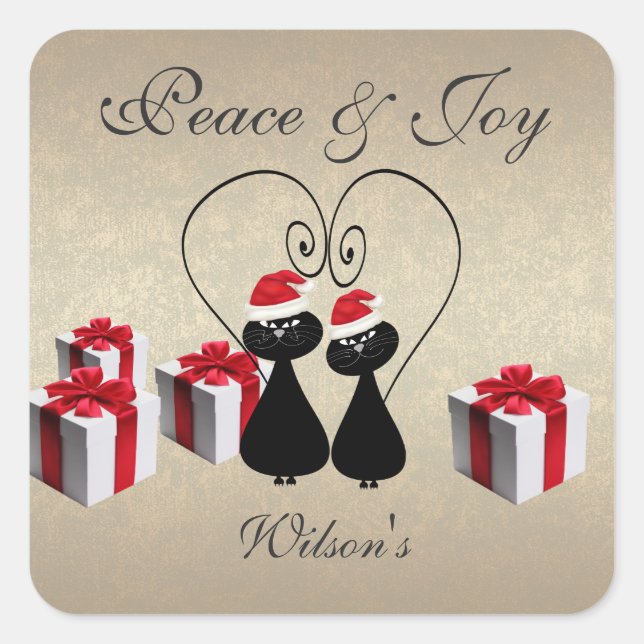 Adesivo Quadrado papais noeis engraçados brancos, casal de gato per (Frente)