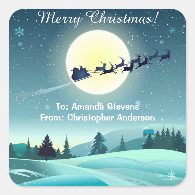 Adesivo Quadrado Papais noeis Flores Reindeer Sleigh (Frente)