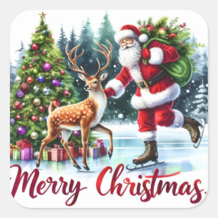 Adesivo Quadrado Papais noeis Patinando com renas por árvores