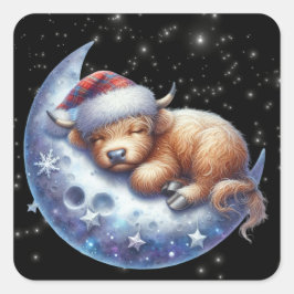 Adesivo Quadrado Papais noeis Vaca Highland Dormindo na Lua