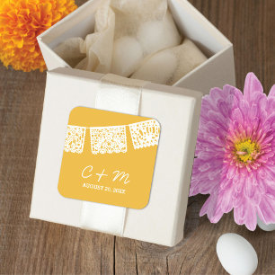 Adesivo Quadrado Papel Picado amarelo   Vinheta-Favor de Casamento
