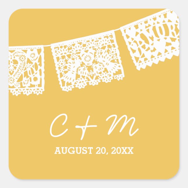 Adesivo Quadrado Papel Picado amarelo | Vinheta-Favor de Casamento (Frente)