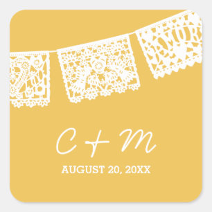 Adesivo Quadrado Papel Picado amarelo   Vinheta-Favor de Casamento