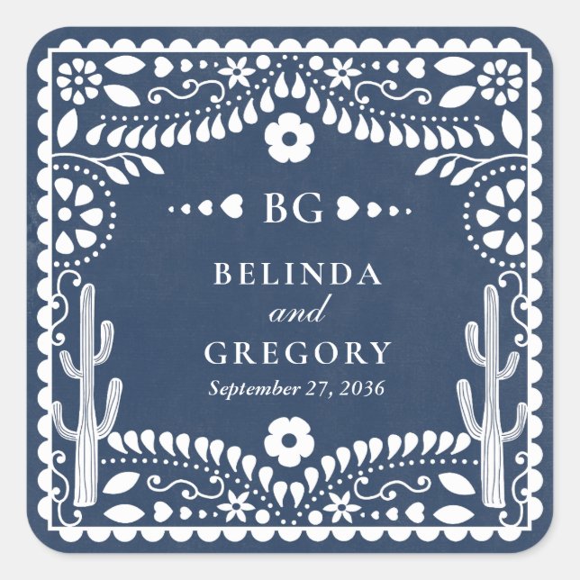 Adesivo Quadrado Papel Picado Boda Mexican Rustic Blue Wedding (Frente)