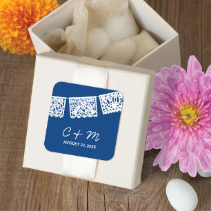 Adesivo Quadrado Papel Picado Marinho Azul   Vinheta-Favor de Casam