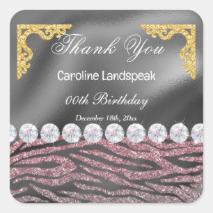 Adesivo Quadrado Papel Prateado, Zebra com Glitter Rosa Aniversário