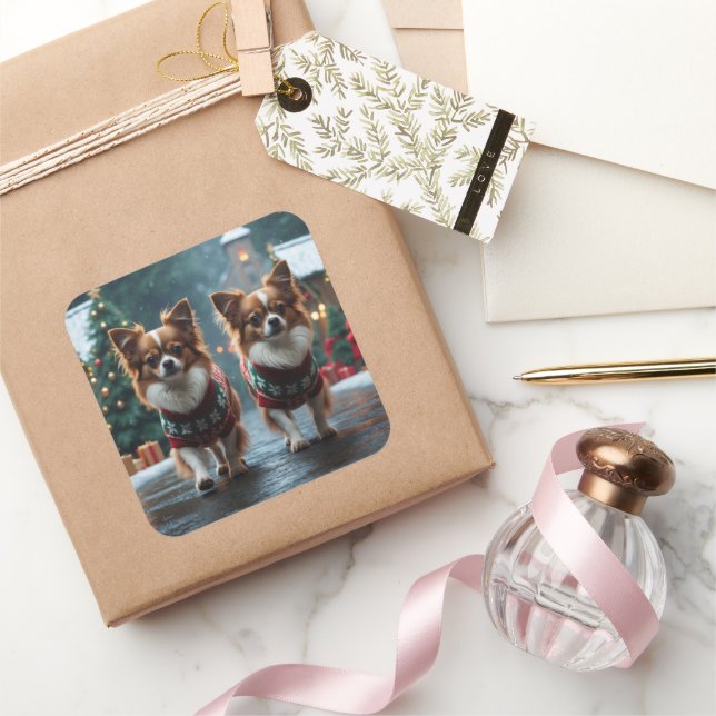 Adesivo Quadrado Papillon Dogs Christmas Snow Holiday (Presentear)