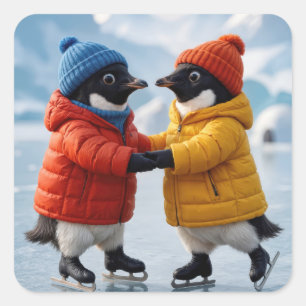 Adesivo Quadrado Par de Pinguins no Natal Patinando no Gelo