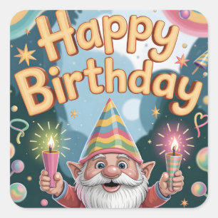 Adesivo Quadrado Parabéns ao Gnome Cumprimento de Aniversário