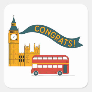 Adesivo Quadrado Parabéns com tema de Londres com Big Ben