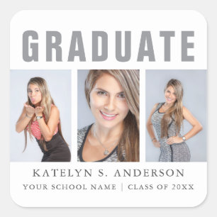 Adesivo Quadrado Parabéns de Colagem de Fotos de Graduação Branc