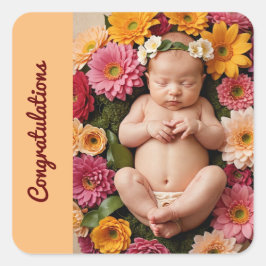 Adesivo Quadrado parabéns de pêssego nova foto de bebê